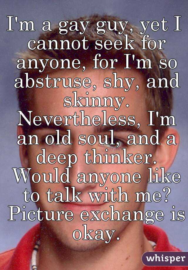 I'm a gay guy, yet I cannot seek for anyone, for I'm so abstruse, shy, and skinny. Nevertheless, I'm an old soul, and a deep thinker. Would anyone like to talk with me? Picture exchange is okay.