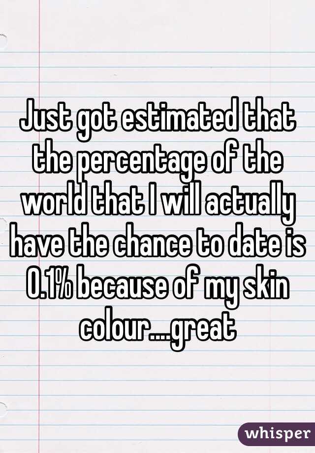 Just got estimated that the percentage of the world that I will actually have the chance to date is 0.1% because of my skin colour....great