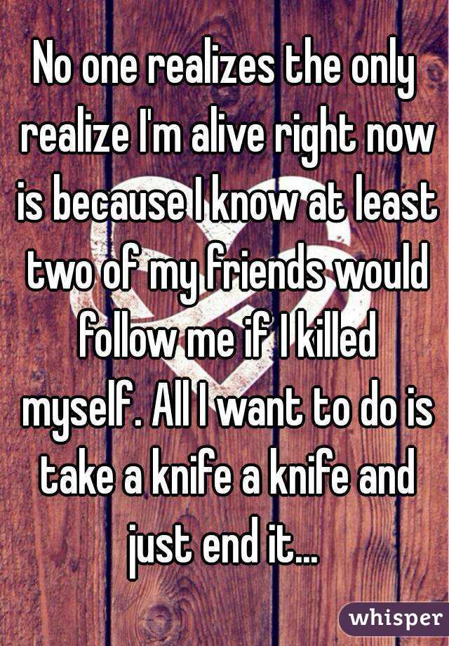 No one realizes the only realize I'm alive right now is because I know at least two of my friends would follow me if I killed myself. All I want to do is take a knife a knife and just end it... 