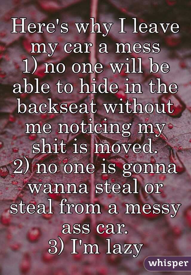 Here's why I leave my car a mess
1) no one will be able to hide in the backseat without me noticing my shit is moved.
2) no one is gonna wanna steal or steal from a messy ass car.
3) I'm lazy