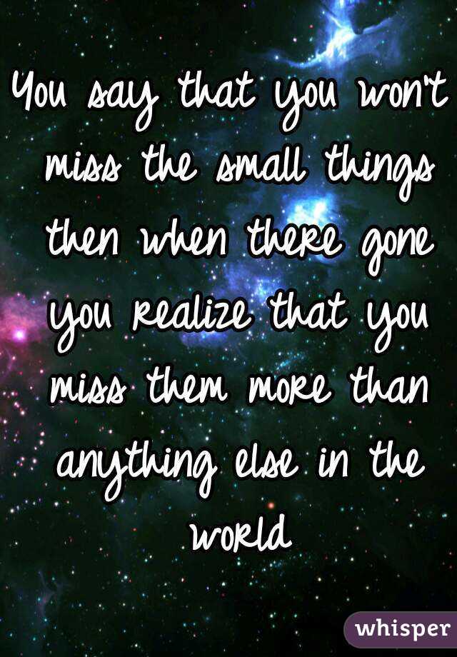 You say that you won't miss the small things then when there gone you realize that you miss them more than anything else in the world
