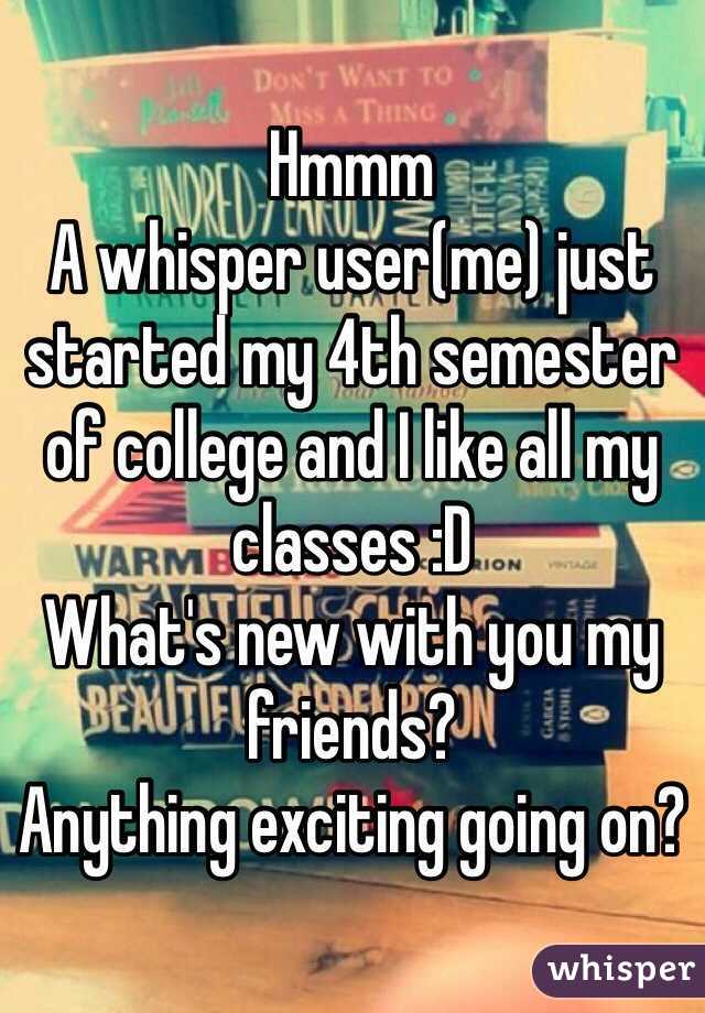 Hmmm 
A whisper user(me) just started my 4th semester of college and I like all my classes :D
What's new with you my friends? 
Anything exciting going on?
