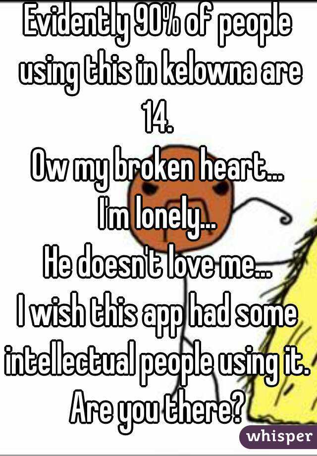 Evidently 90% of people using this in kelowna are 14. 
Ow my broken heart...
I'm lonely...
He doesn't love me...
I wish this app had some intellectual people using it. 
Are you there?