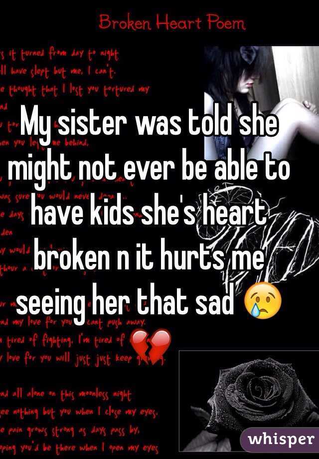 My sister was told she might not ever be able to have kids she's heart broken n it hurts me seeing her that sad 😢💔