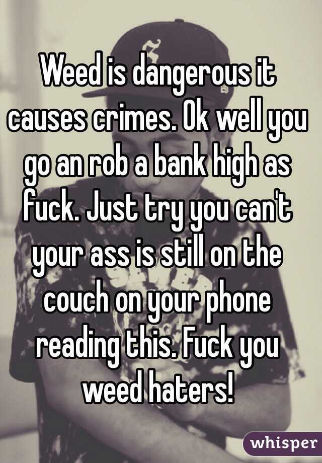 Weed is dangerous it causes crimes. Ok well you go an rob a bank high as fuck. Just try you can't your ass is still on the couch on your phone reading this. Fuck you weed haters! 