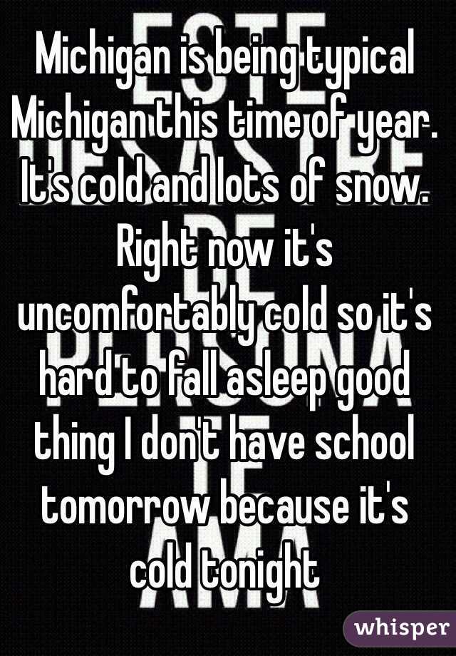 Michigan is being typical Michigan this time of year. 
It's cold and lots of snow. Right now it's uncomfortably cold so it's hard to fall asleep good thing I don't have school tomorrow because it's cold tonight 