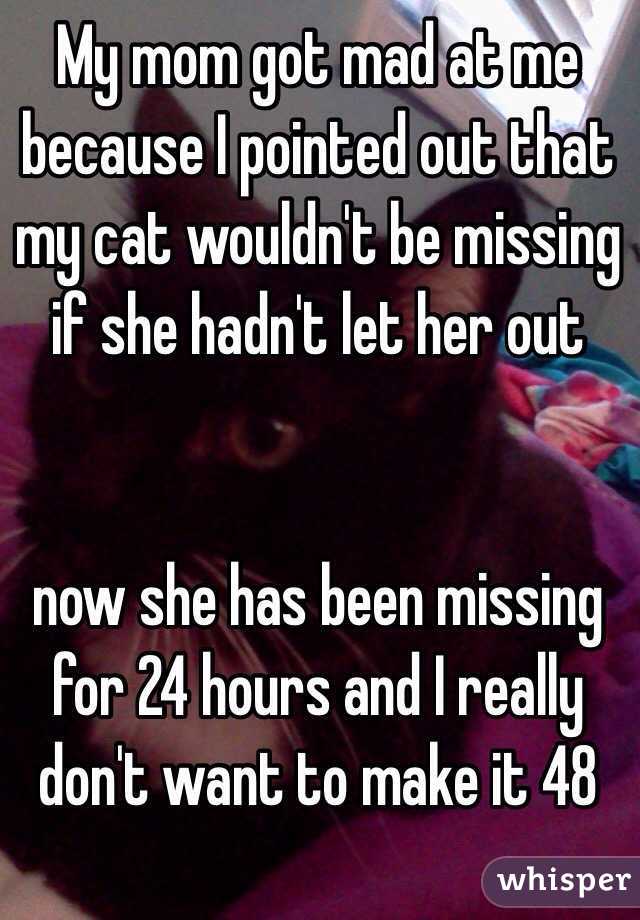 My mom got mad at me because I pointed out that my cat wouldn't be missing if she hadn't let her out 


now she has been missing for 24 hours and I really don't want to make it 48 