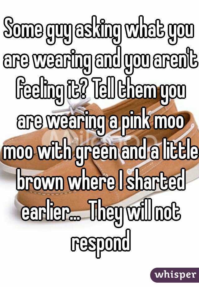 Some guy asking what you are wearing and you aren't feeling it? Tell them you are wearing a pink moo moo with green and a little brown where I sharted earlier...  They will not respond