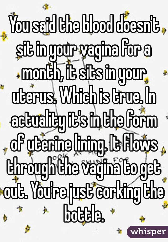 You said the blood doesn't sit in your vagina for a month, it sits in your uterus. Which is true. In actuality it's in the form of uterine lining. It flows through the vagina to get out. You're just corking the bottle.  