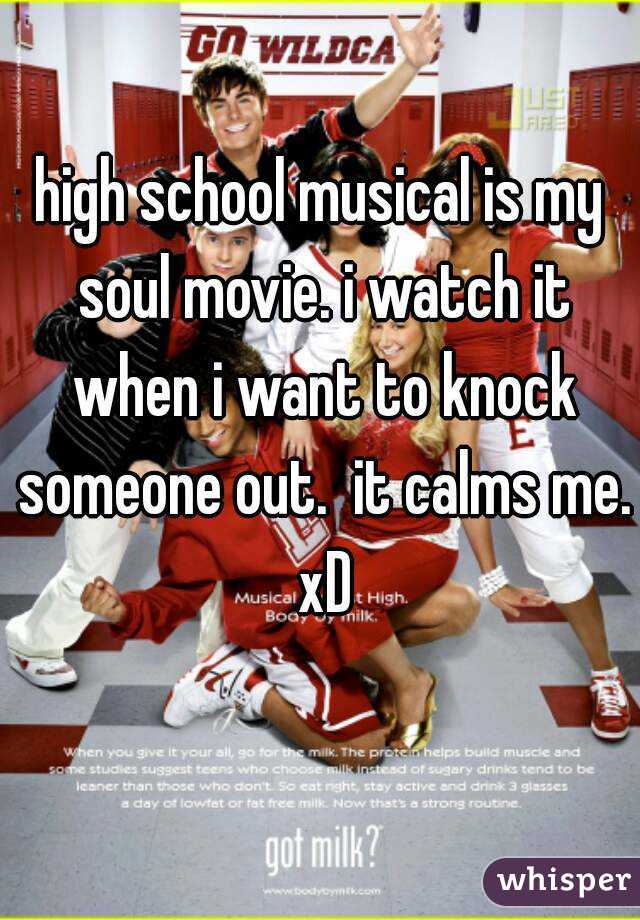 high school musical is my soul movie. i watch it when i want to knock someone out.  it calms me. xD
