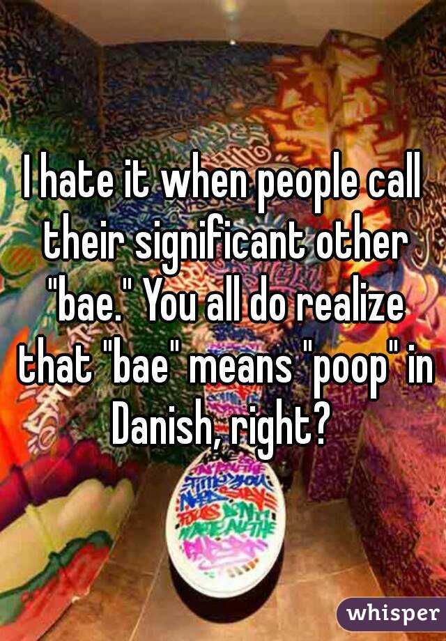 I hate it when people call their significant other "bae." You all do realize that "bae" means "poop" in Danish, right? 