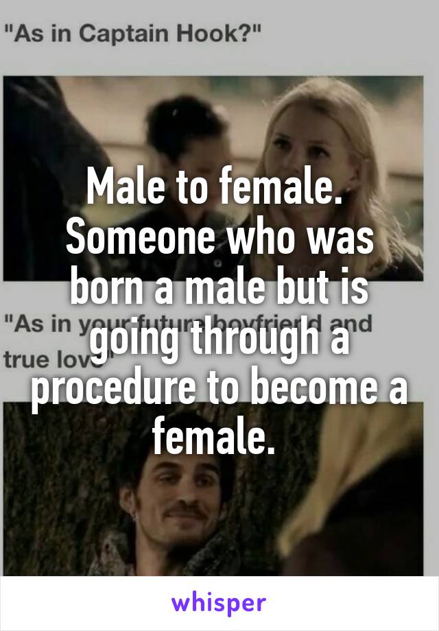 Male to female. 
Someone who was born a male but is going through a procedure to become a female. 