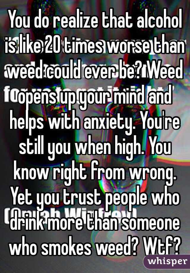 You do realize that alcohol is like 20 times worse than weed could ever be? Weed opens up your mind and helps with anxiety. You're still you when high. You know right from wrong. Yet you trust people who drink more than someone who smokes weed? Wtf? 