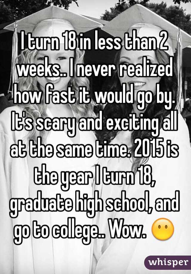 I turn 18 in less than 2 weeks.. I never realized how fast it would go by. It's scary and exciting all at the same time. 2015 is the year I turn 18, graduate high school, and go to college.. Wow. 😶