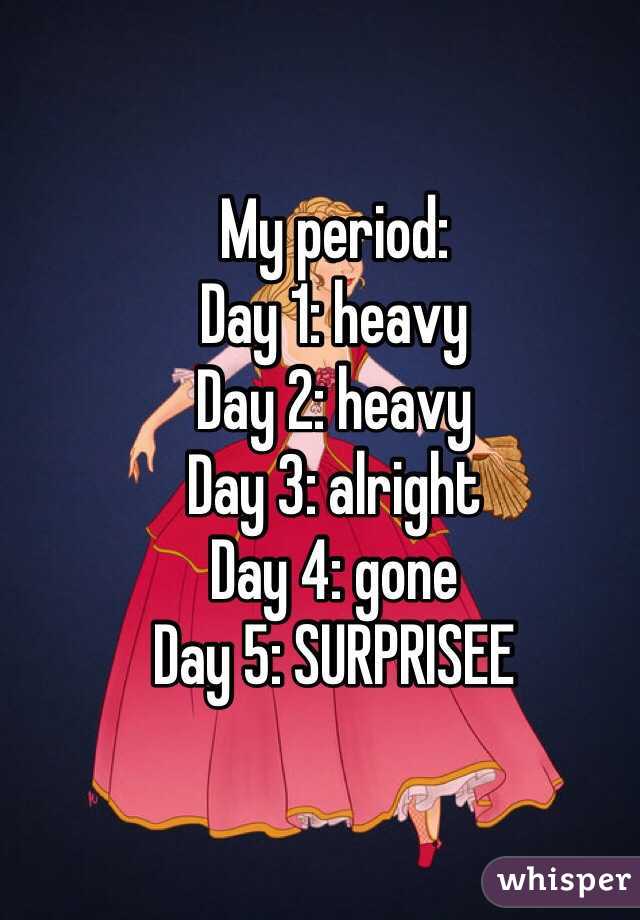 My period:
Day 1: heavy 
Day 2: heavy 
Day 3: alright 
Day 4: gone
Day 5: SURPRISEE