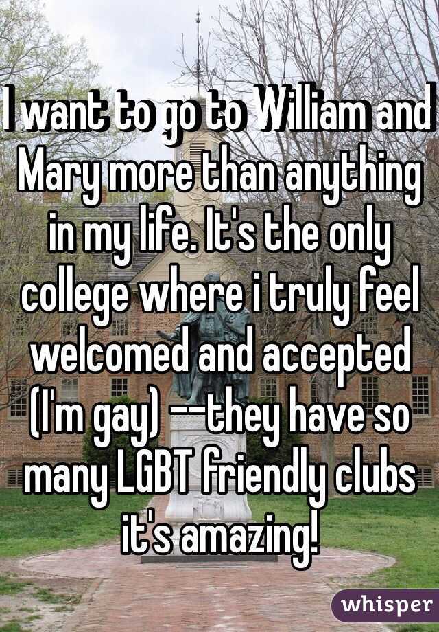 I want to go to William and Mary more than anything in my life. It's the only college where i truly feel welcomed and accepted (I'm gay) --they have so many LGBT friendly clubs it's amazing!