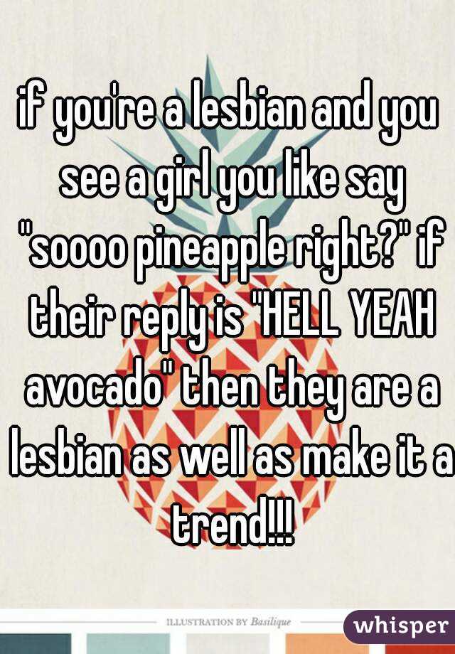 if you're a lesbian and you see a girl you like say "soooo pineapple right?" if their reply is "HELL YEAH avocado" then they are a lesbian as well as make it a trend!!!