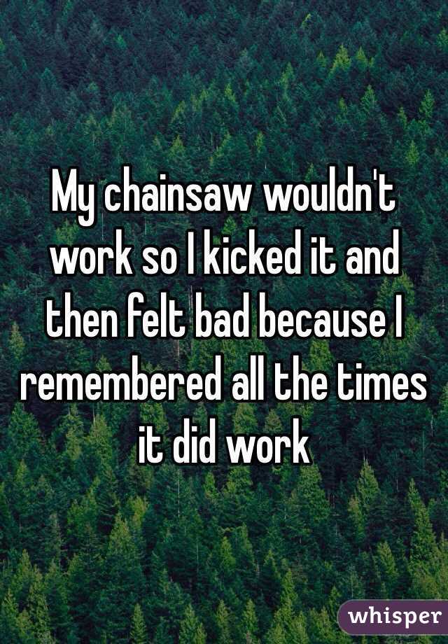 My chainsaw wouldn't work so I kicked it and then felt bad because I remembered all the times it did work