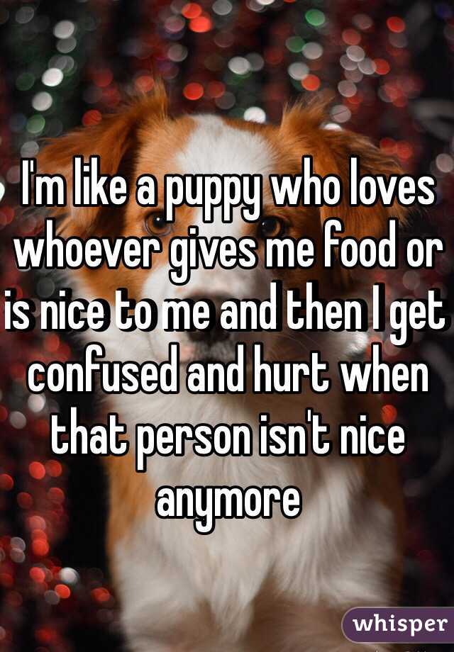 I'm like a puppy who loves whoever gives me food or is nice to me and then I get confused and hurt when that person isn't nice anymore