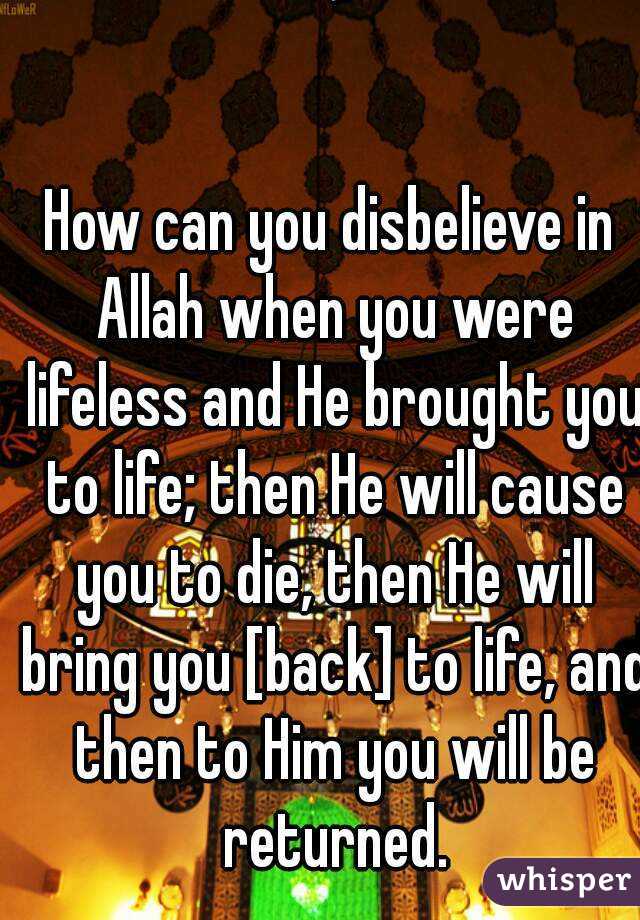 َ

How can you disbelieve in Allah when you were lifeless and He brought you to life; then He will cause you to die, then He will bring you [back] to life, and then to Him you will be returned.