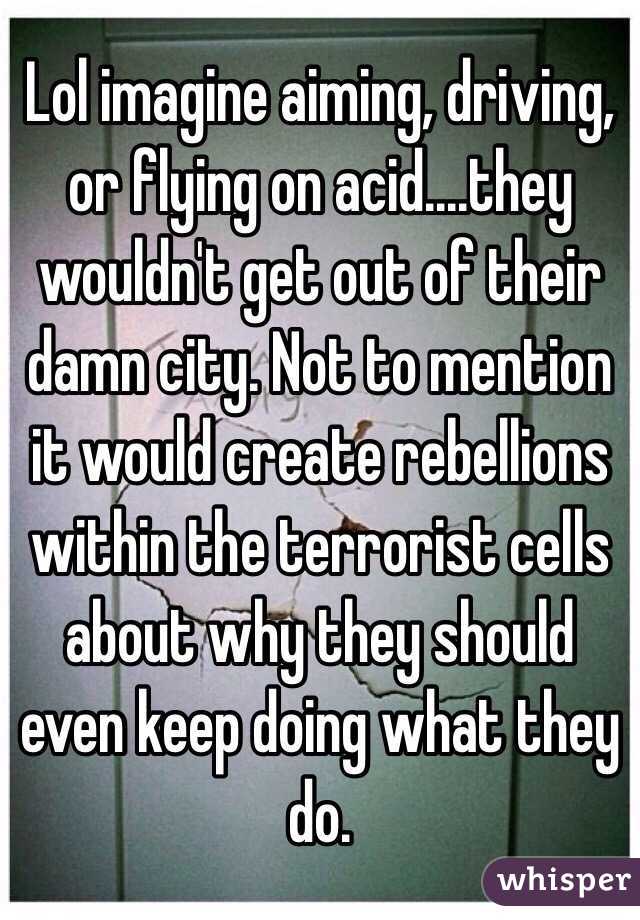 Lol imagine aiming, driving, or flying on acid....they wouldn't get out of their damn city. Not to mention it would create rebellions within the terrorist cells about why they should even keep doing what they do. 