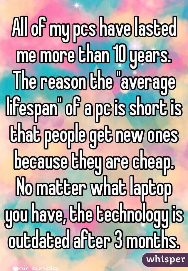 All of my pcs have lasted me more than 10 years. The reason the "average lifespan" of a pc is short is that people get new ones because they are cheap. No matter what laptop you have, the technology is outdated after 3 months. 