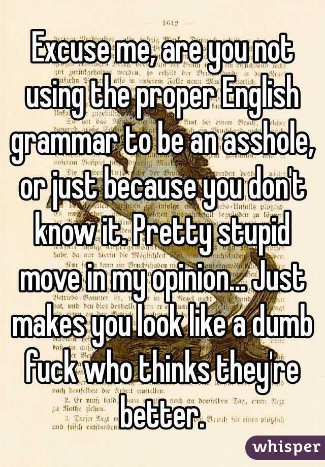 Excuse me, are you not using the proper English grammar to be an asshole, or just because you don't know it. Pretty stupid move in my opinion... Just makes you look like a dumb fuck who thinks they're better.