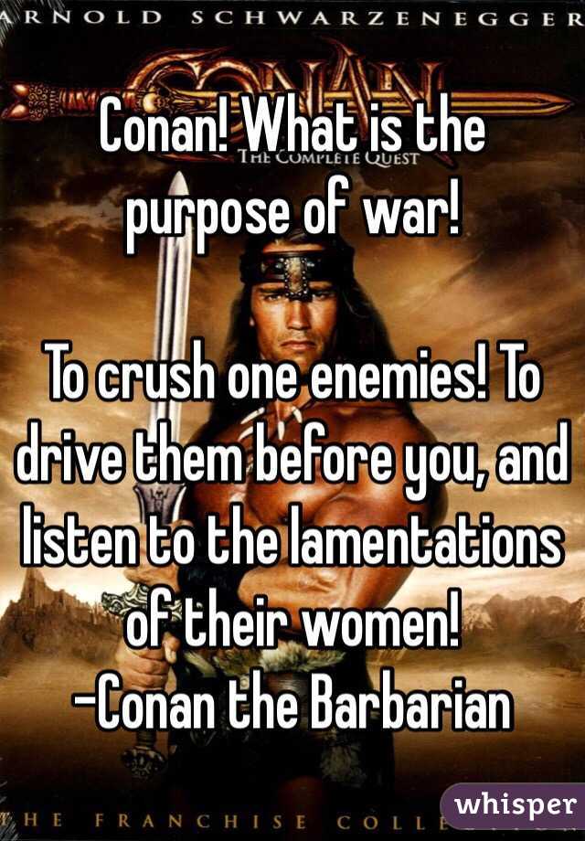 Conan! What is the purpose of war!

To crush one enemies! To drive them before you, and listen to the lamentations of their women!
 -Conan the Barbarian