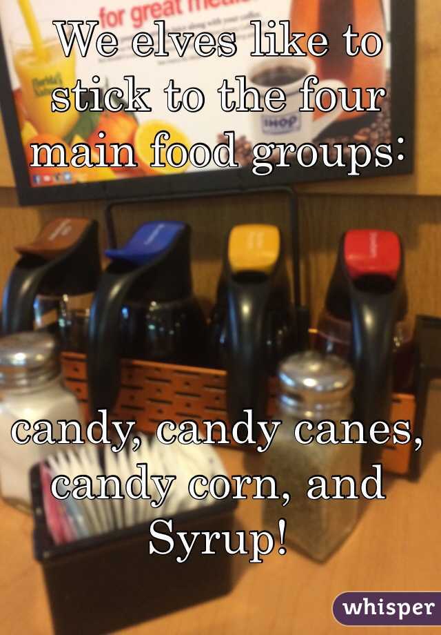 We elves like to stick to the four main food groups: 




candy, candy canes, candy corn, and Syrup! 