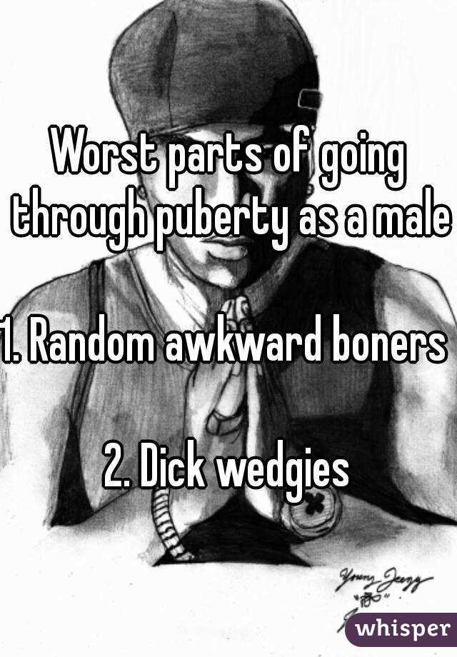 Worst parts of going through puberty as a male

1. Random awkward boners 

2. Dick wedgies