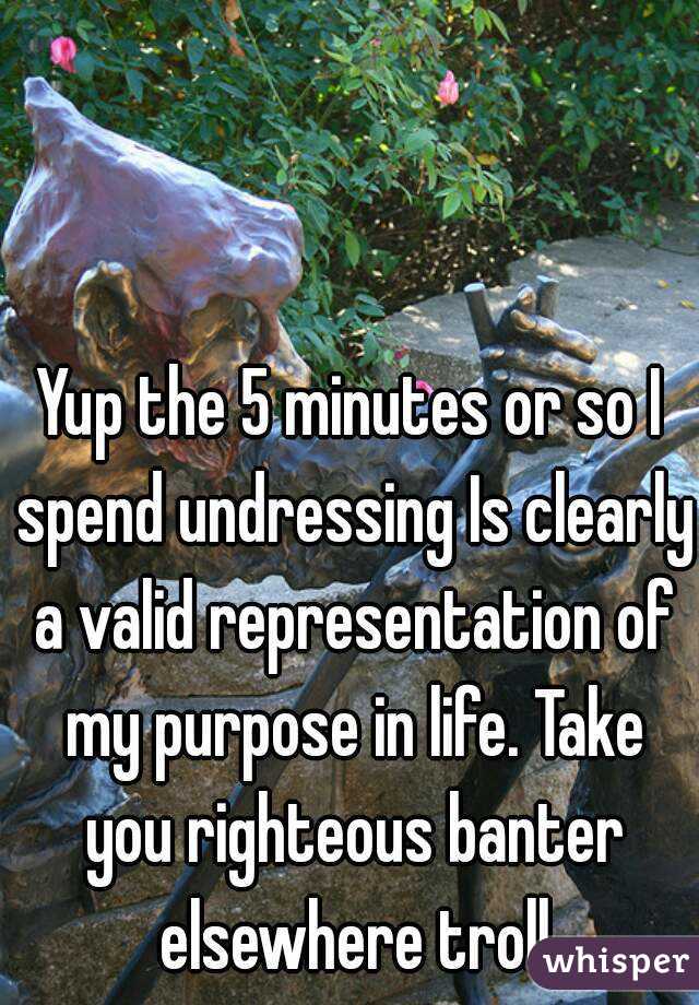 Yup the 5 minutes or so I spend undressing Is clearly a valid representation of my purpose in life. Take you righteous banter elsewhere troll