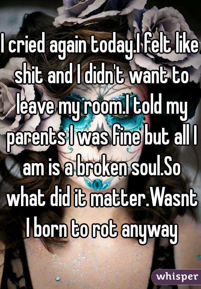 I cried again today.I felt like shit and I didn't want to leave my room.I told my parents I was fine but all I am is a broken soul.So what did it matter.Wasnt I born to rot anyway