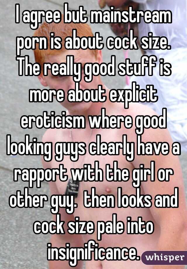 I agree but mainstream porn is about cock size. The really good stuff is more about explicit eroticism where good looking guys clearly have a rapport with the girl or other guy.  then looks and cock size pale into insignificance.