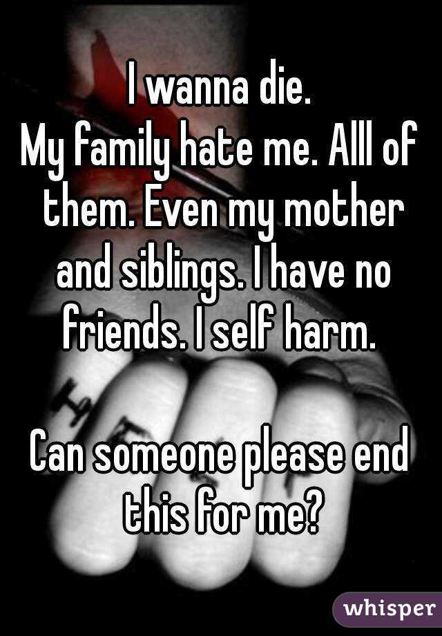 I wanna die.
My family hate me. Alll of them. Even my mother and siblings. I have no friends. I self harm. 

Can someone please end this for me?