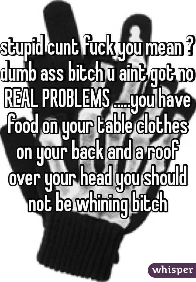 stupid cunt fuck you mean ? dumb ass bitch u aint got no REAL PROBLEMS .....you have food on your table clothes on your back and a roof over your head you should not be whining bitch
