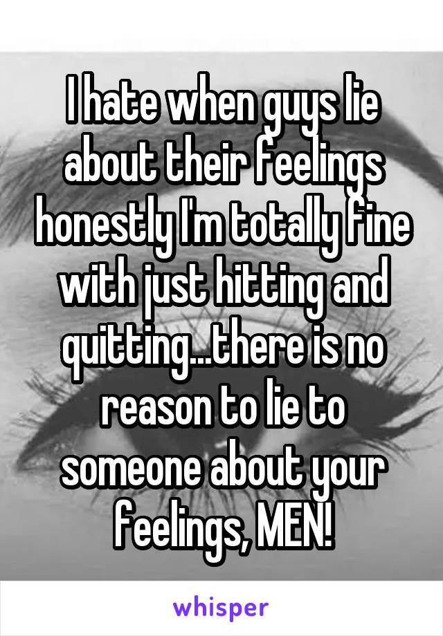I hate when guys lie about their feelings honestly I'm totally fine with just hitting and quitting...there is no reason to lie to someone about your feelings, MEN!