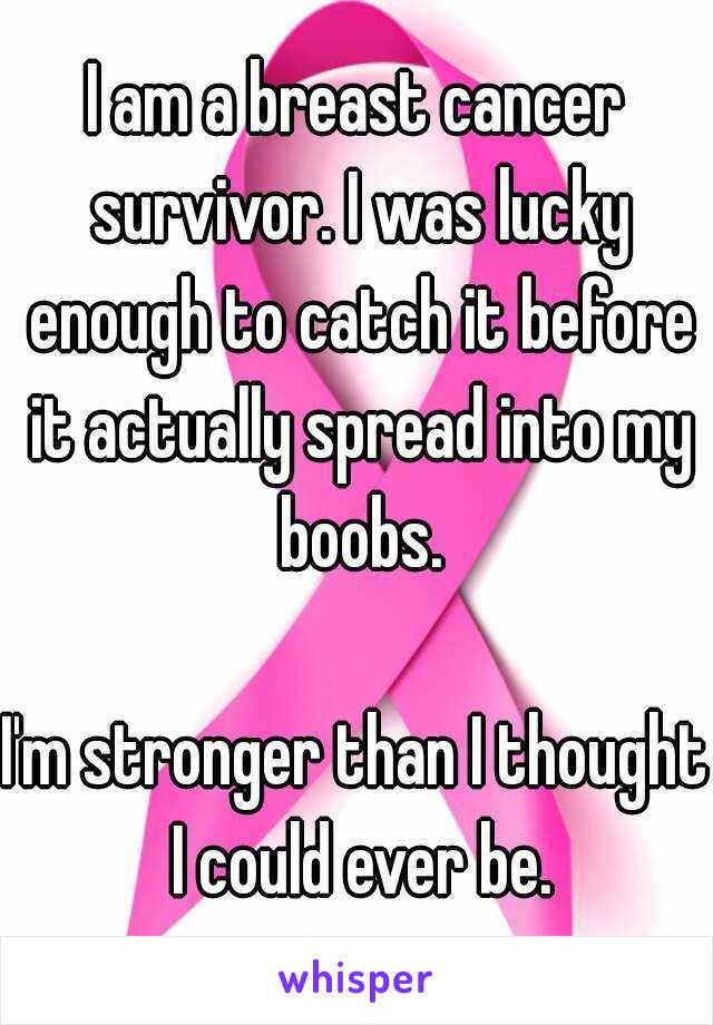 I am a breast cancer survivor. I was lucky enough to catch it before it actually spread into my boobs.

I'm stronger than I thought I could ever be.