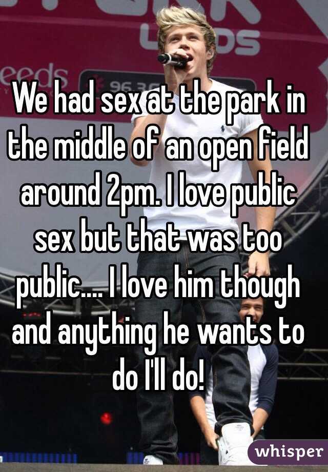 We had sex at the park in the middle of an open field around 2pm. I love public sex but that was too public.... I love him though and anything he wants to do I'll do!