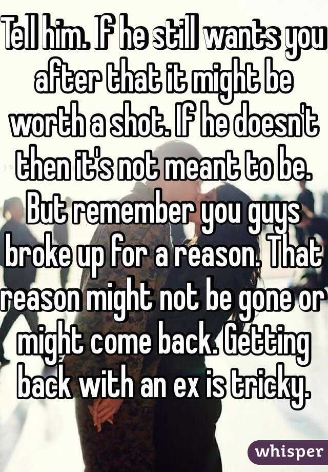 Tell him. If he still wants you after that it might be worth a shot. If he doesn't then it's not meant to be. 
But remember you guys broke up for a reason. That reason might not be gone or might come back. Getting back with an ex is tricky. 