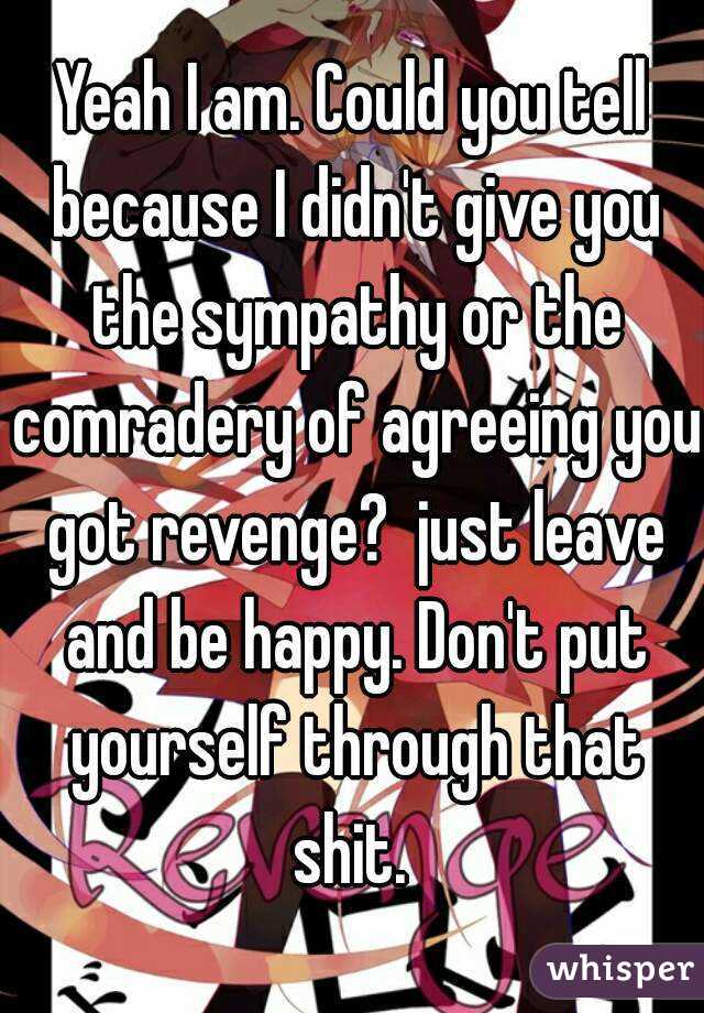 Yeah I am. Could you tell because I didn't give you the sympathy or the comradery of agreeing you got revenge?  just leave and be happy. Don't put yourself through that shit. 