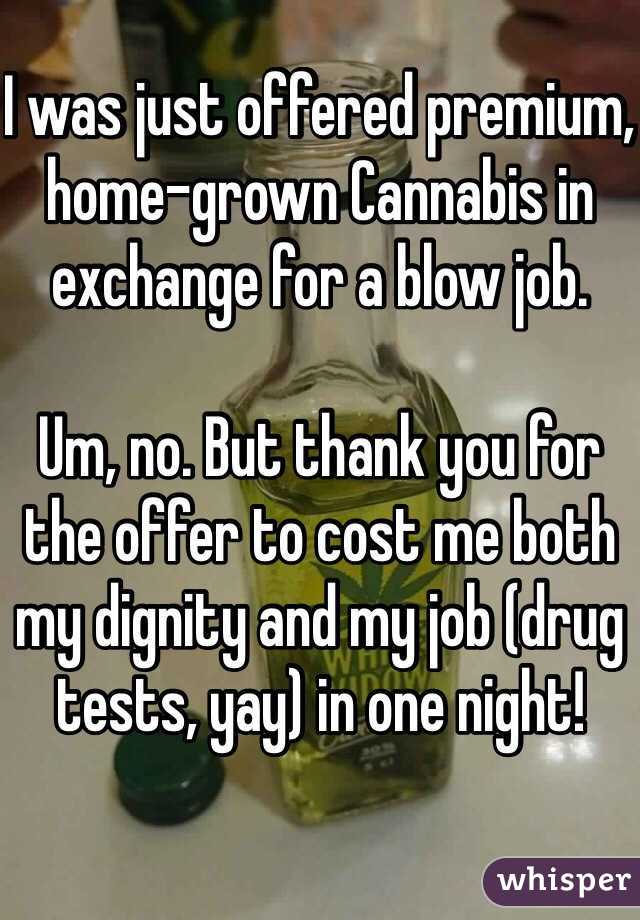 I was just offered premium, home-grown Cannabis in exchange for a blow job.

Um, no. But thank you for the offer to cost me both my dignity and my job (drug tests, yay) in one night! 