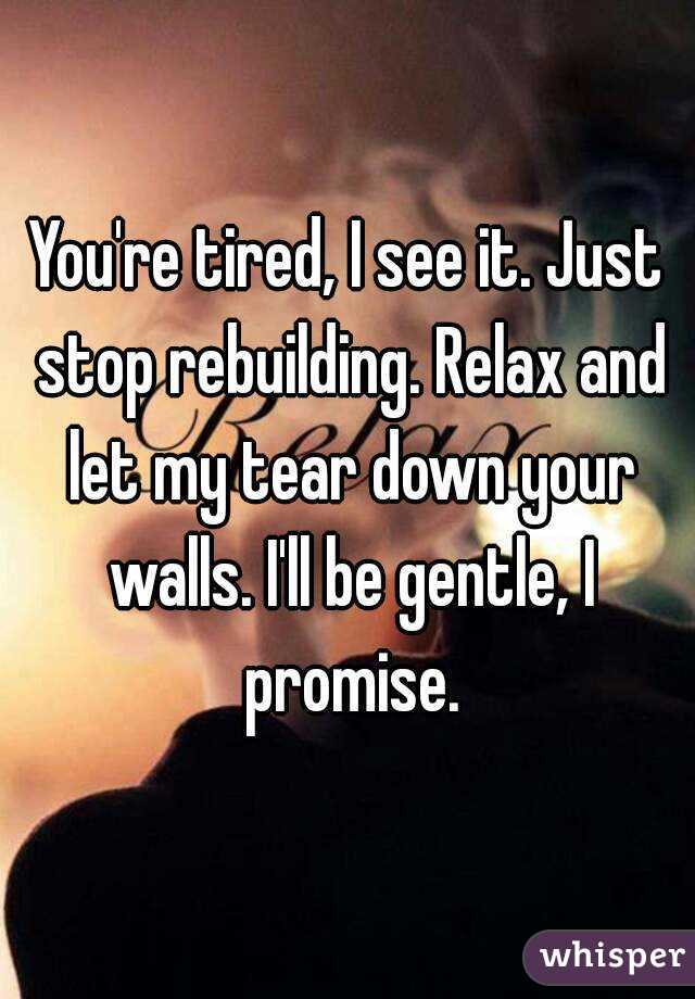 You're tired, I see it. Just stop rebuilding. Relax and let my tear down your walls. I'll be gentle, I promise.