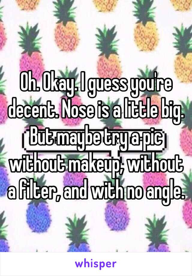 Oh. Okay. I guess you're decent. Nose is a little big. But maybe try a pic without makeup, without a filter, and with no angle. 