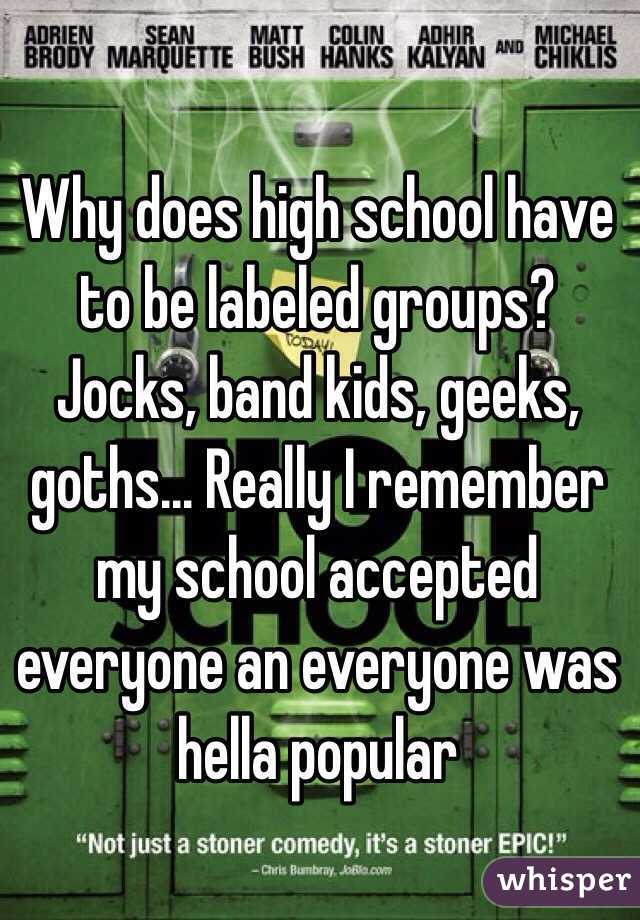 Why does high school have to be labeled groups? Jocks, band kids, geeks, goths... Really I remember my school accepted everyone an everyone was hella popular 