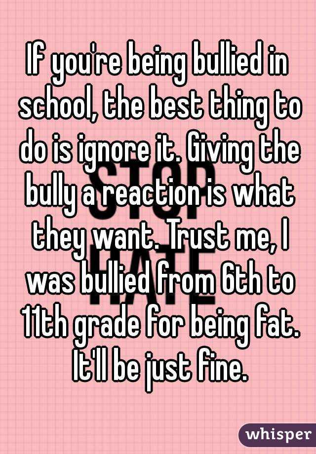If you're being bullied in school, the best thing to do is ignore it. Giving the bully a reaction is what they want. Trust me, I was bullied from 6th to 11th grade for being fat. It'll be just fine.