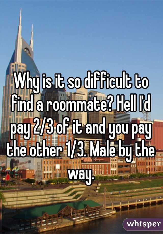 Why is it so difficult to find a roommate? Hell I'd pay 2/3 of it and you pay the other 1/3. Male by the way. 