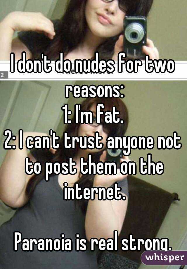 I don't do nudes for two reasons:
1: I'm fat.
2: I can't trust anyone not to post them on the internet.

Paranoia is real strong.