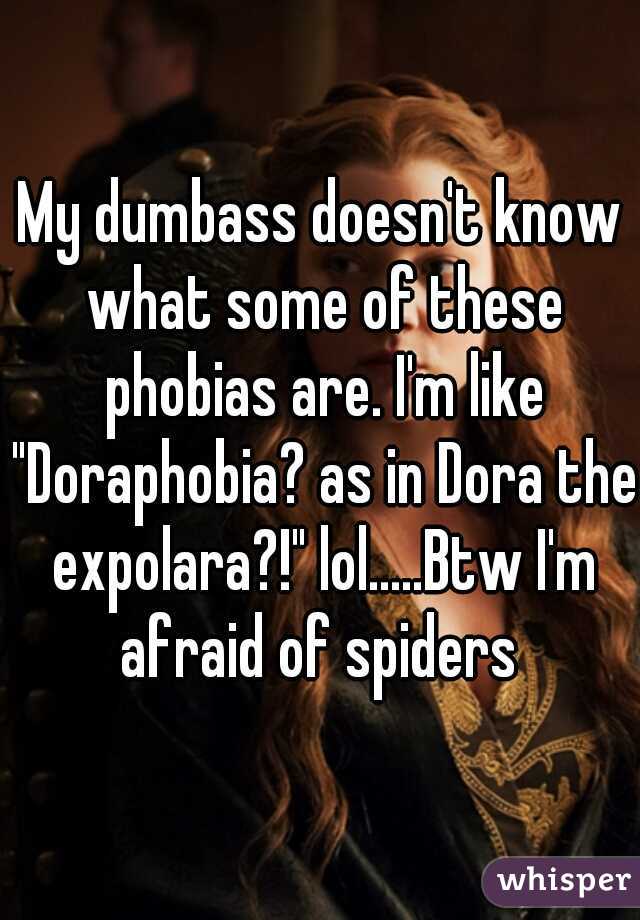 My dumbass doesn't know what some of these phobias are. I'm like "Doraphobia? as in Dora the expolara?!" lol.....Btw I'm afraid of spiders 