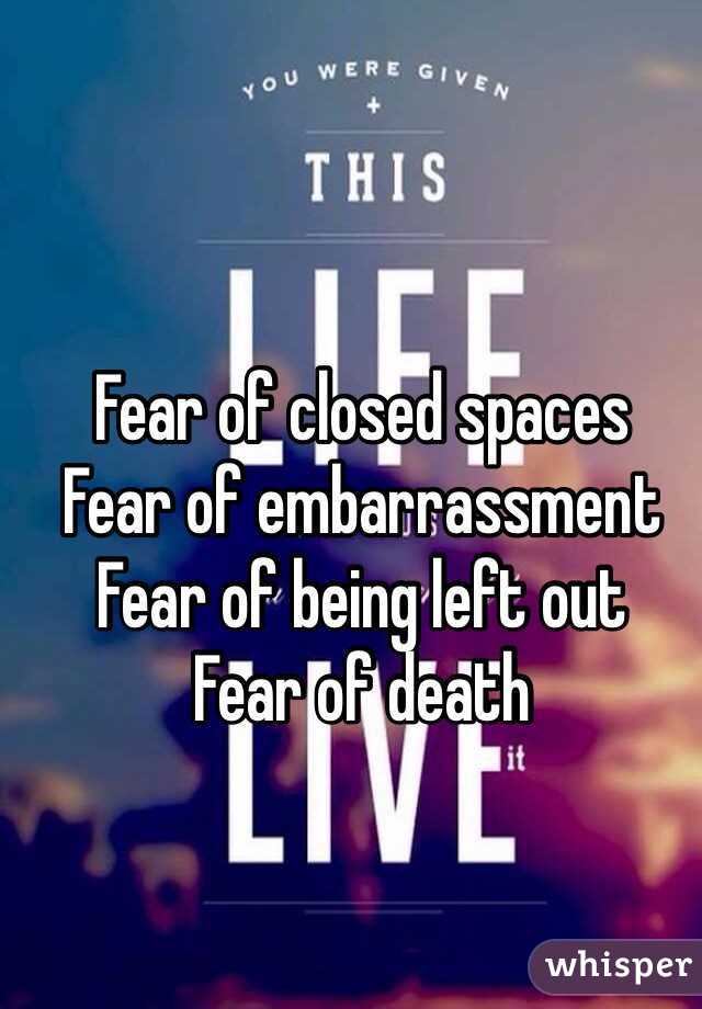 Fear of closed spaces
Fear of embarrassment 
Fear of being left out
Fear of death