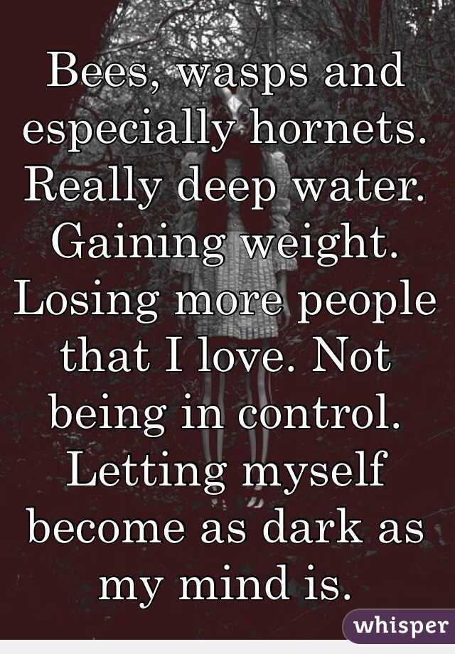 Bees, wasps and especially hornets. Really deep water. Gaining weight. Losing more people that I love. Not being in control. Letting myself become as dark as my mind is.